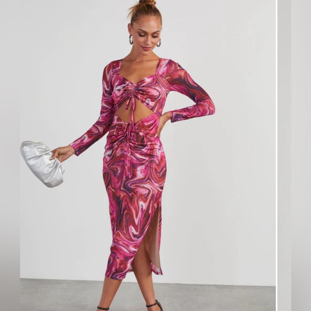 VICI Kismet Printed Mesh Cutout Midi Dress